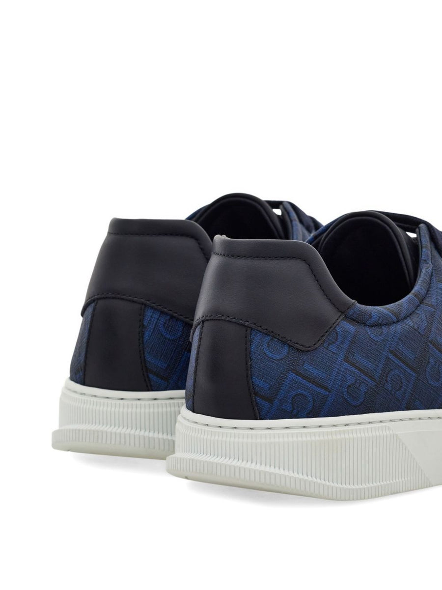 Ferragamo Low Top Sneakers Navy Calf Leather With Monogram Panel For Men Luxury Refined Casual Comfort
