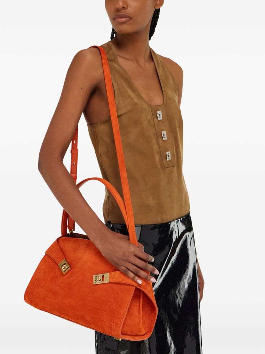 Ferragamo Hug Soft Shoulder Bag Orange Leather Tote for Women Compact Everyday Luxury