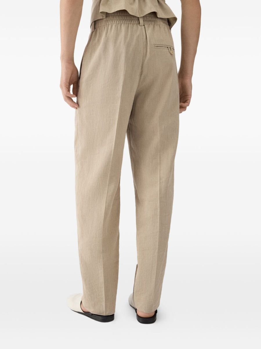 Jacquemus Le Pantalon Croisiere Trousers For Men Beige Linen Blend Pleated Front Elastic Waistband