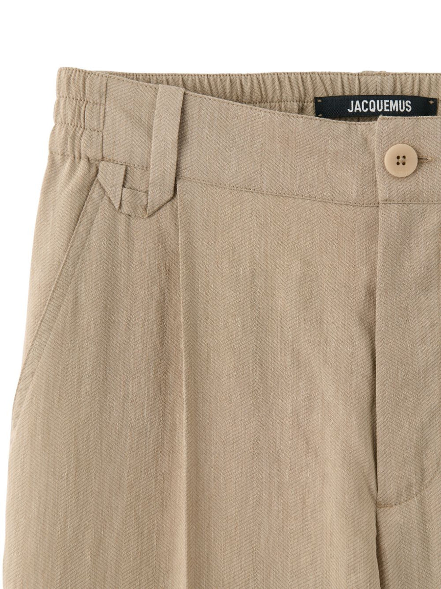 Jacquemus Le Pantalon Croisiere Trousers For Men Beige Linen Blend Pleated Front Elastic Waistband