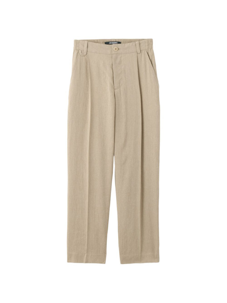 Jacquemus Le Pantalon Croisiere Trousers For Men Beige Linen Blend Pleated Front Elastic Waistband