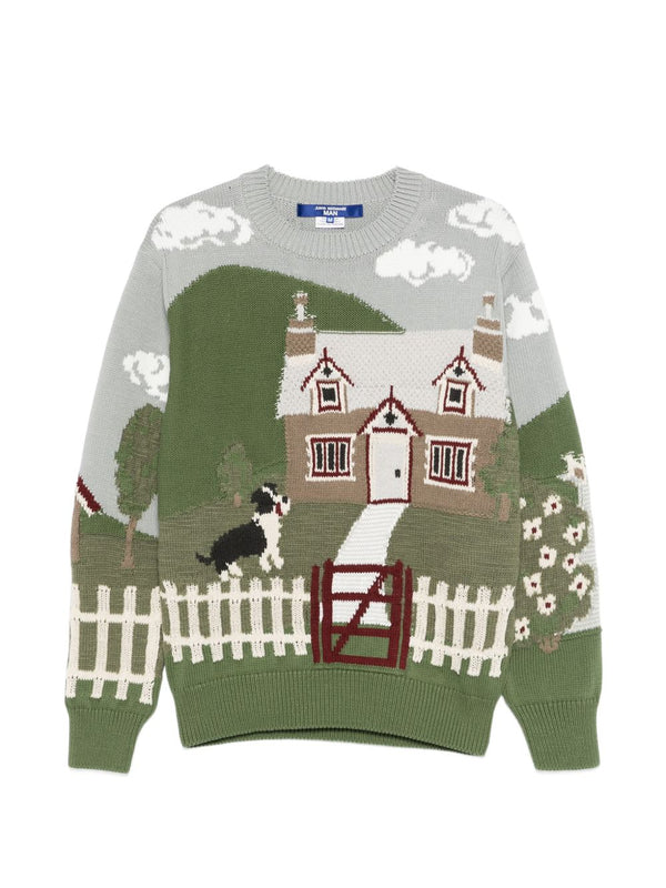 Junya Watanabe Printed Cotton Crewneck Sweater For Men Multicolor Graphic Embroidery Versatile Topwear