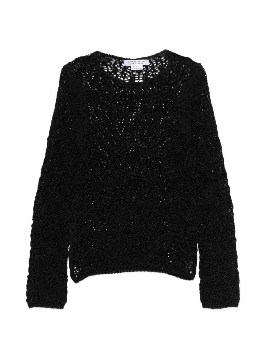 Comme Comme Open Knit Crewneck Sweater for Women Textured Layering Top in Black Spring Summer Essential