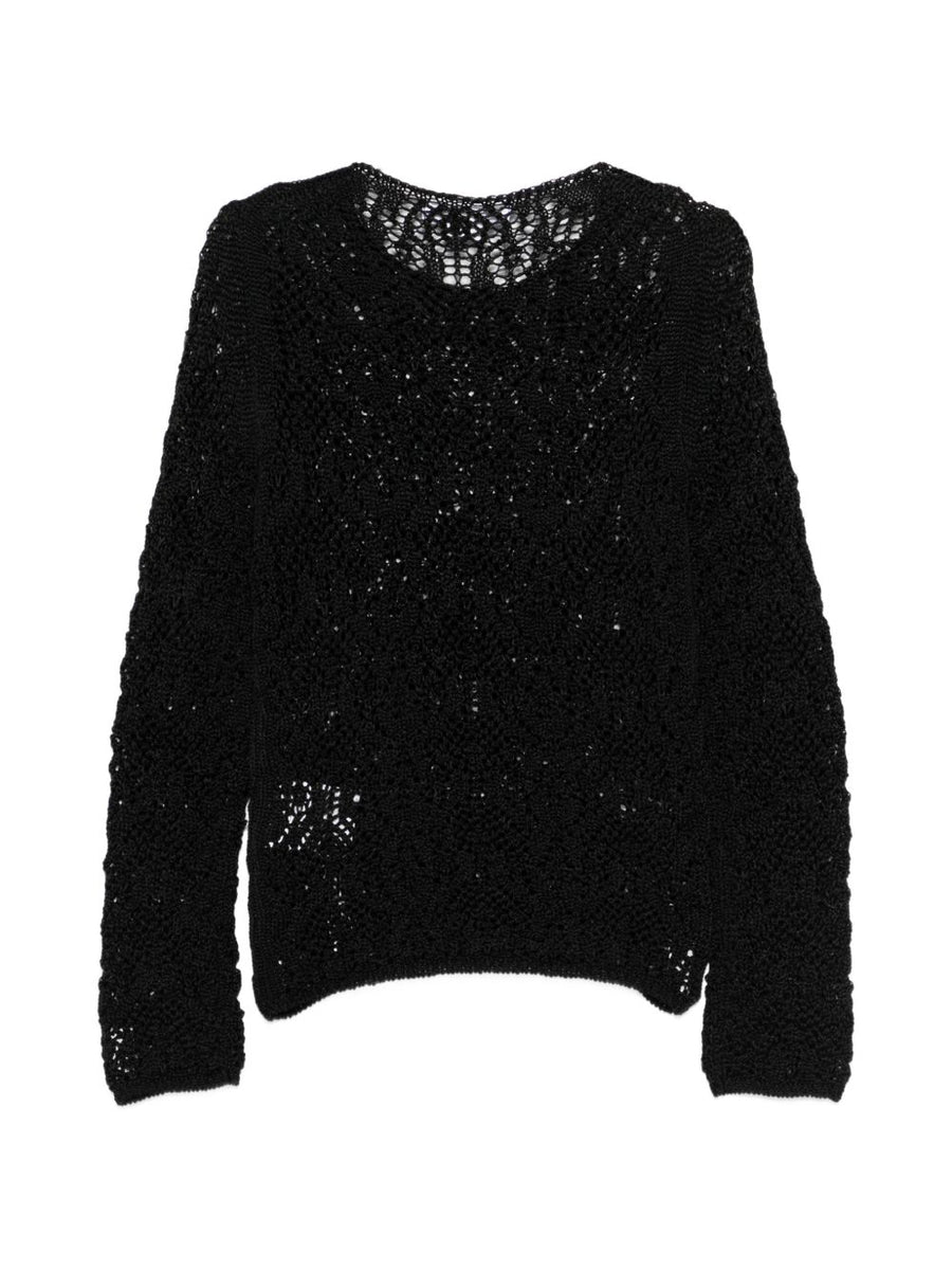 Comme Comme Open Knit Crewneck Sweater for Women Textured Layering Top in Black Spring Summer Essential