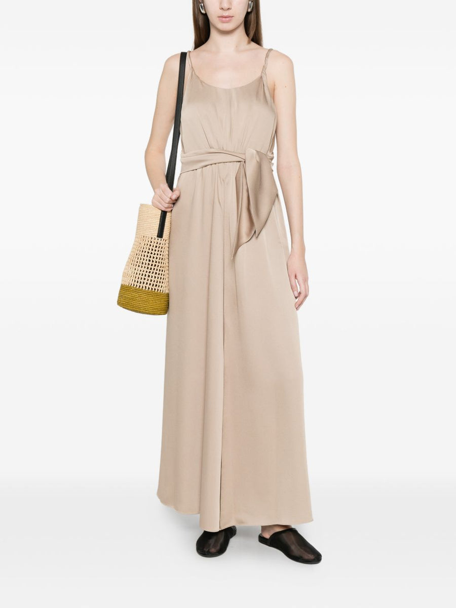 Emporio Armani Beige Long Dress With Tie Waist Pleated Silhouette For Women Timeless Luxury