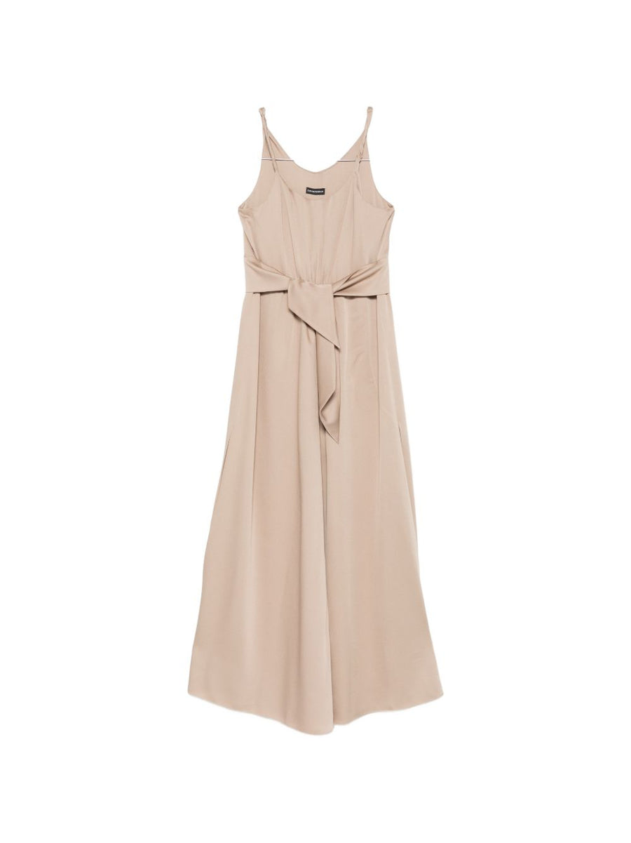 Emporio Armani Beige Long Dress With Tie Waist Pleated Silhouette For Women Timeless Luxury