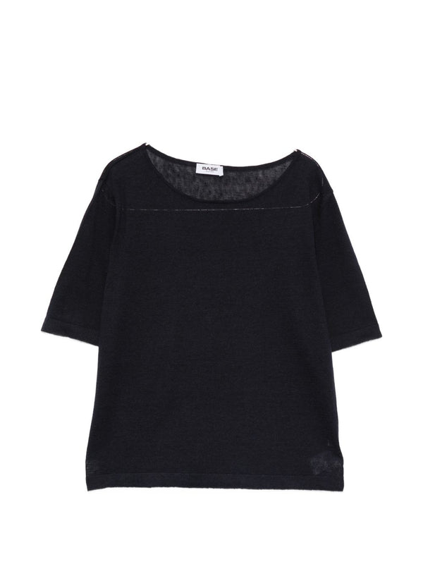 Base Linen Cotton Blend Sweater for Women Ink Blue Crew Neck Short Sleeves Breathable Spring Summer 2026 IT