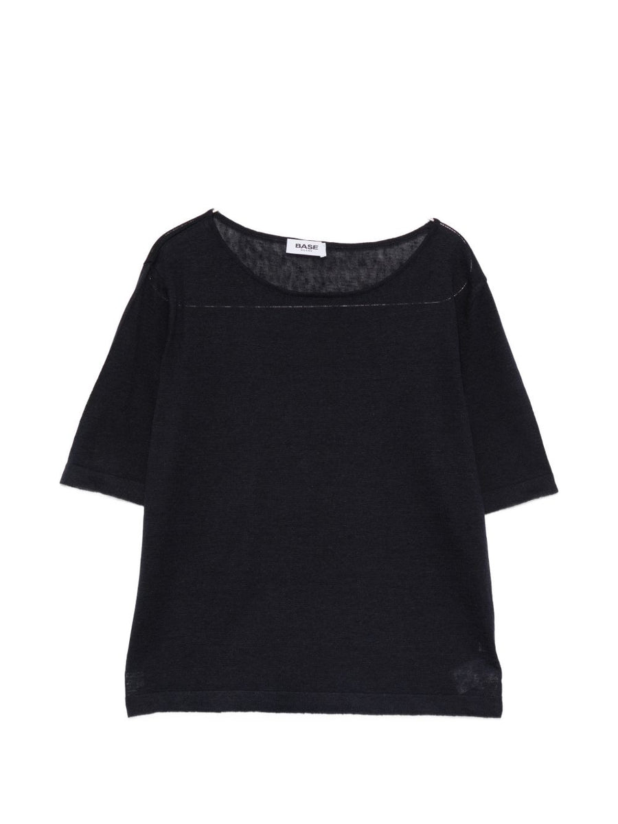 Base Linen Cotton Blend Sweater for Women Ink Blue Crew Neck Short Sleeves Breathable Spring Summer 2026 IT