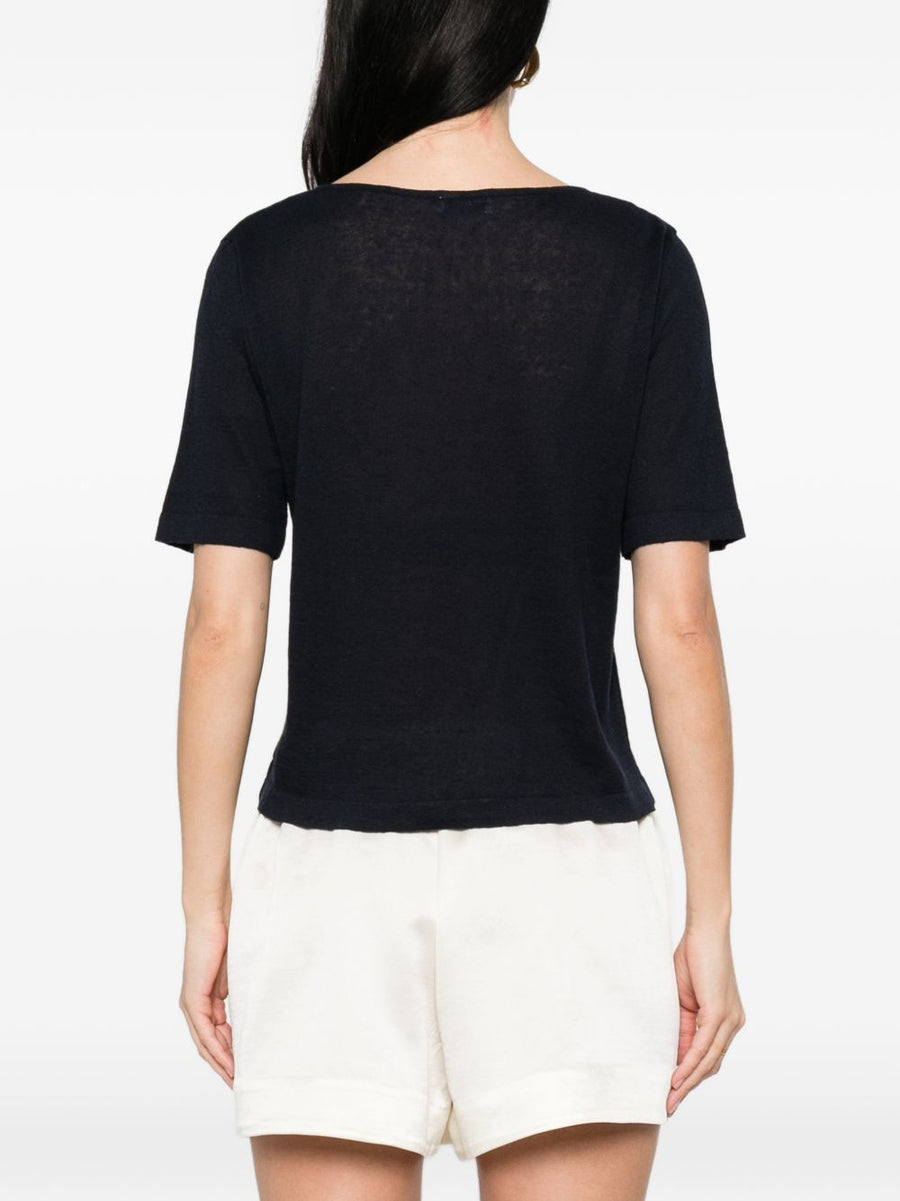 Base Linen Cotton Blend Sweater for Women Ink Blue Crew Neck Short Sleeves Breathable Spring Summer 2026 IT