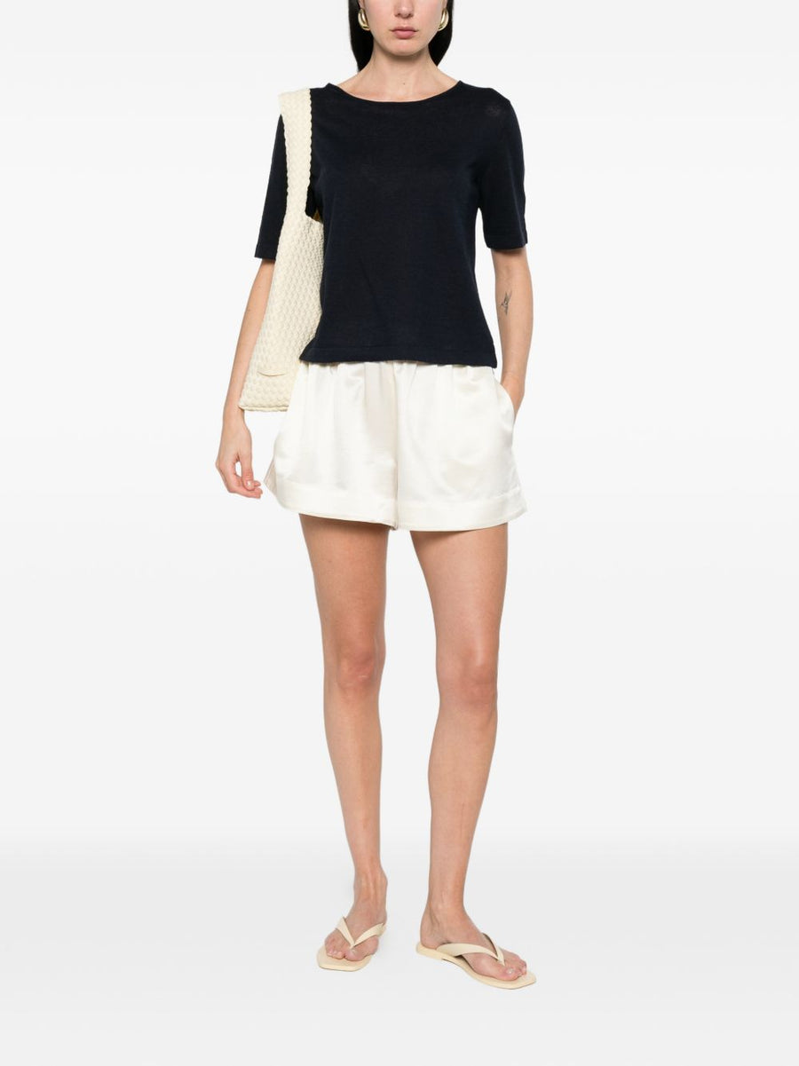 Base Linen Cotton Blend Sweater for Women Ink Blue Crew Neck Short Sleeves Breathable Spring Summer 2026 IT