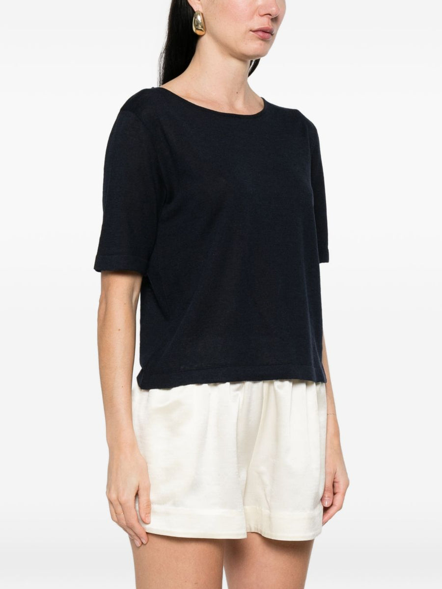 Base Linen Cotton Blend Sweater for Women Ink Blue Crew Neck Short Sleeves Breathable Spring Summer 2026 IT