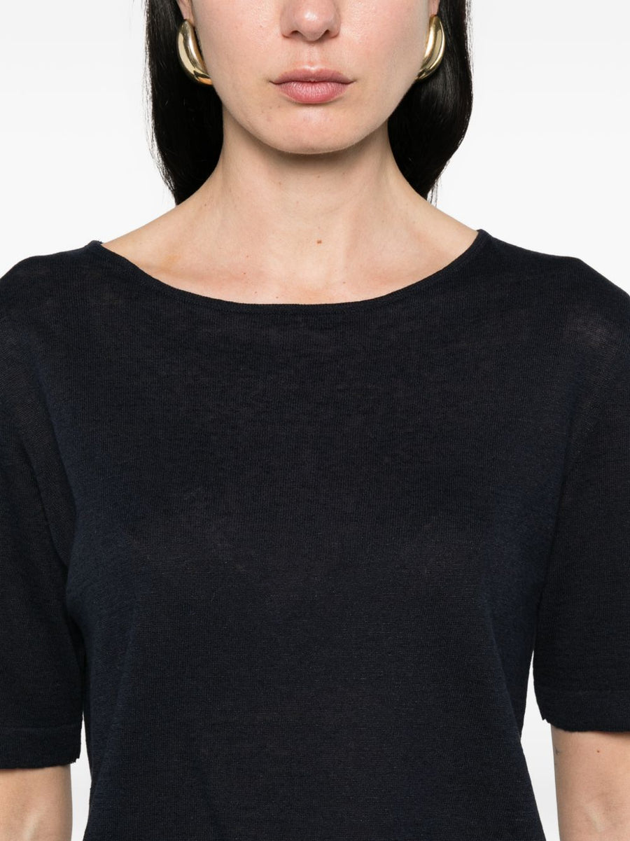 Base Linen Cotton Blend Sweater for Women Ink Blue Crew Neck Short Sleeves Breathable Spring Summer 2026 IT