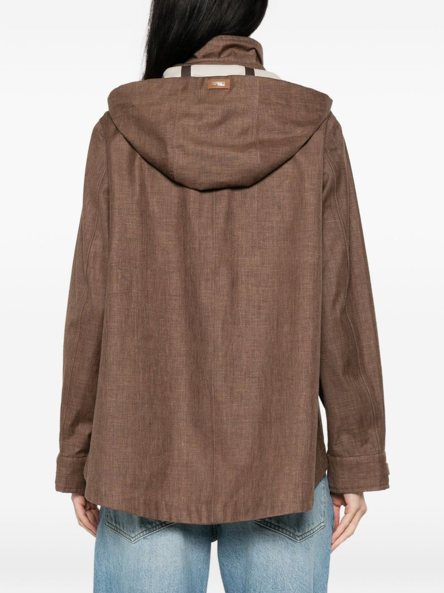 Herno Hooded Blouson Jacket For Women Luxury Multi Material Brown Modern Silhouette With Premium Craftsmanship