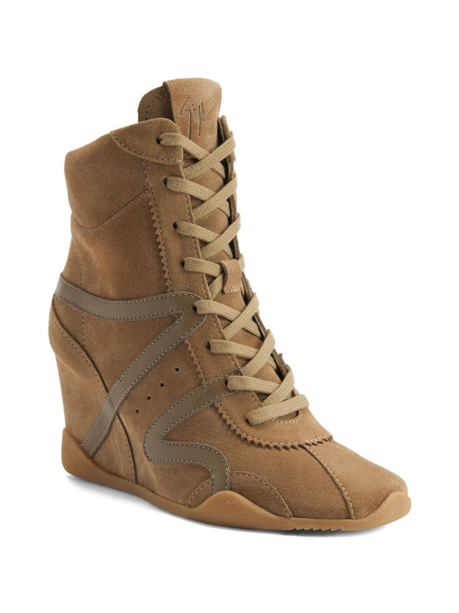 Giuseppe Zanotti Beige Suede Leather Boots for Women With Signature Detailing and Wedge Heel