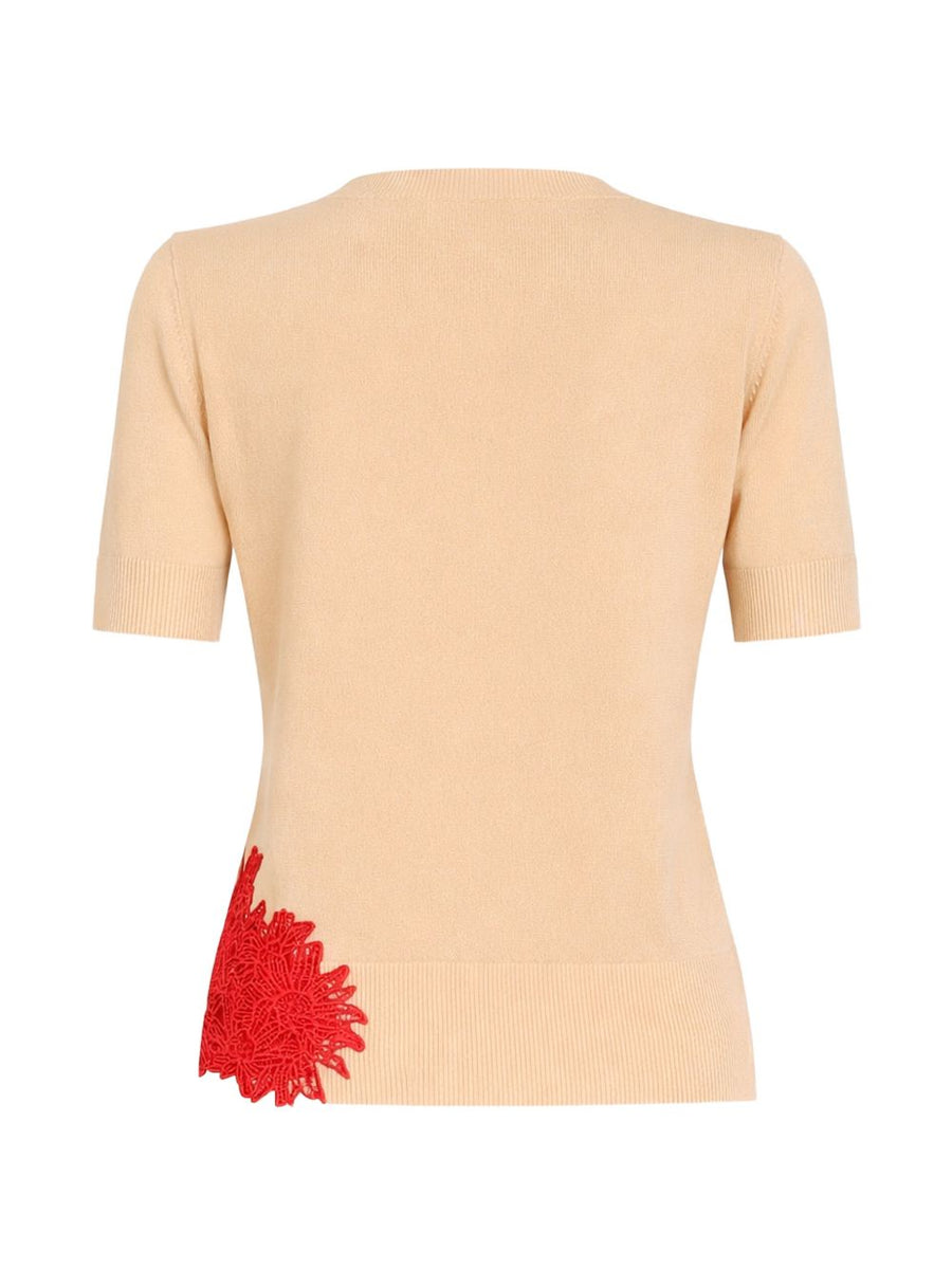 Ermanno Scervino Embroidered Top for Women with Couture Inspired Floral Appliqué in Powder Fine Knit Luxury