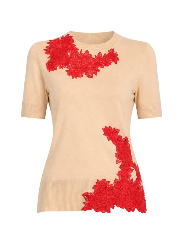 Ermanno Scervino Embroidered Top for Women with Couture Inspired Floral Appliqué in Powder Fine Knit Luxury