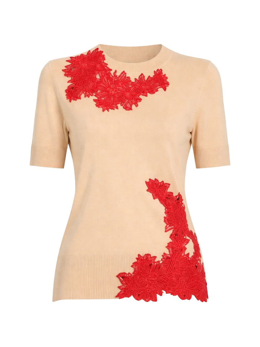 Ermanno Scervino Embroidered Top for Women with Couture Inspired Floral Appliqué in Powder Fine Knit Luxury
