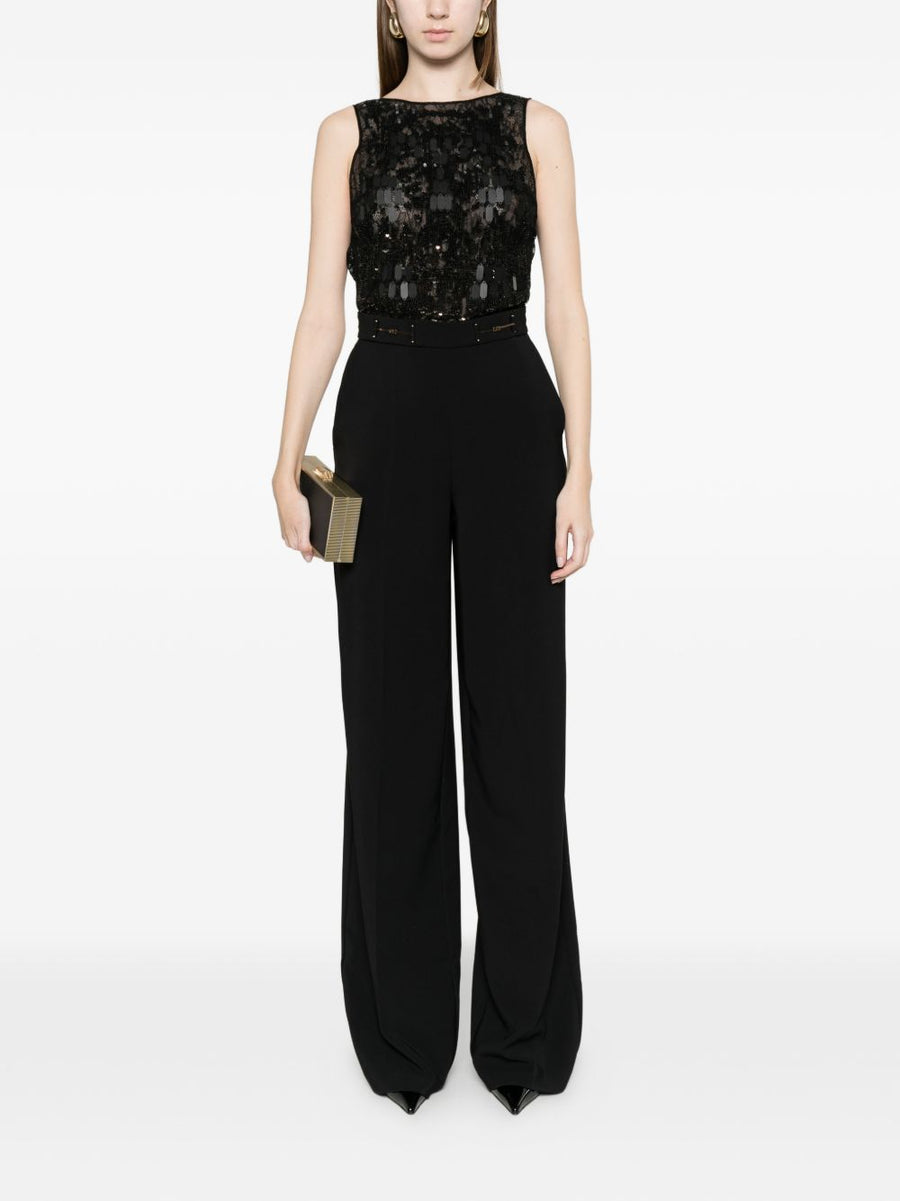 Elisabetta Franchi Long Jumpsuit With Black Sequins Glamorous Eveningwear For Women