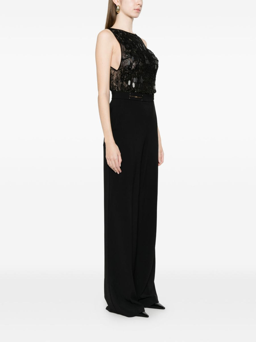 Elisabetta Franchi Long Jumpsuit With Black Sequins Glamorous Eveningwear For Women
