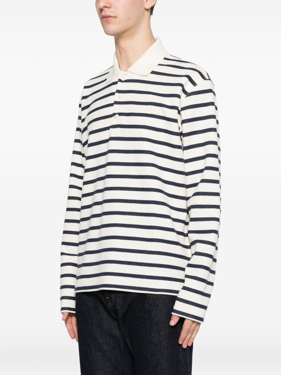 Junya Watanabe Striped Cotton Polo Shirt For Men Beige Blue Stripes Premium Comfort And Refined Casual Luxury
