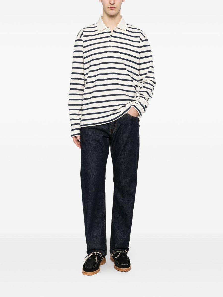 Junya Watanabe Striped Cotton Polo Shirt For Men Beige Blue Stripes Premium Comfort And Refined Casual Luxury