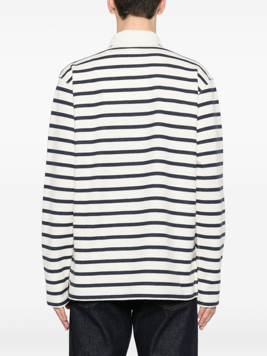 Junya Watanabe Striped Cotton Polo Shirt For Men Beige Blue Stripes Premium Comfort And Refined Casual Luxury