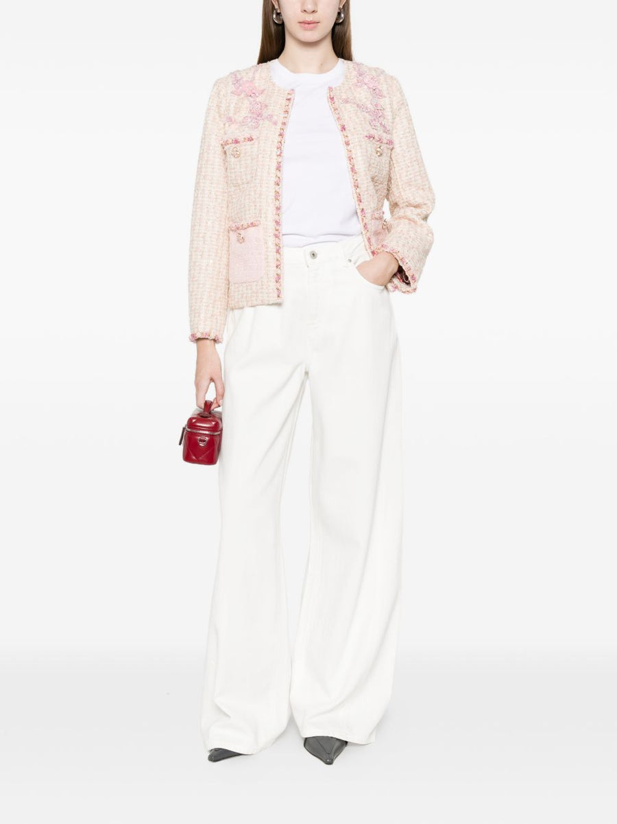 Minime Paris Cotton Blend Crewneck Jacket With Pink Floral Embroidery Front Pockets For Women Chic