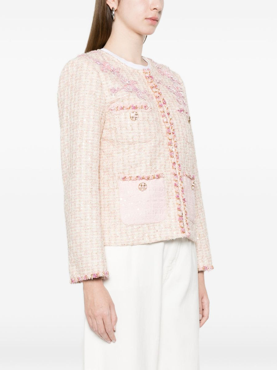 Minime Paris Cotton Blend Crewneck Jacket With Pink Floral Embroidery Front Pockets For Women Chic