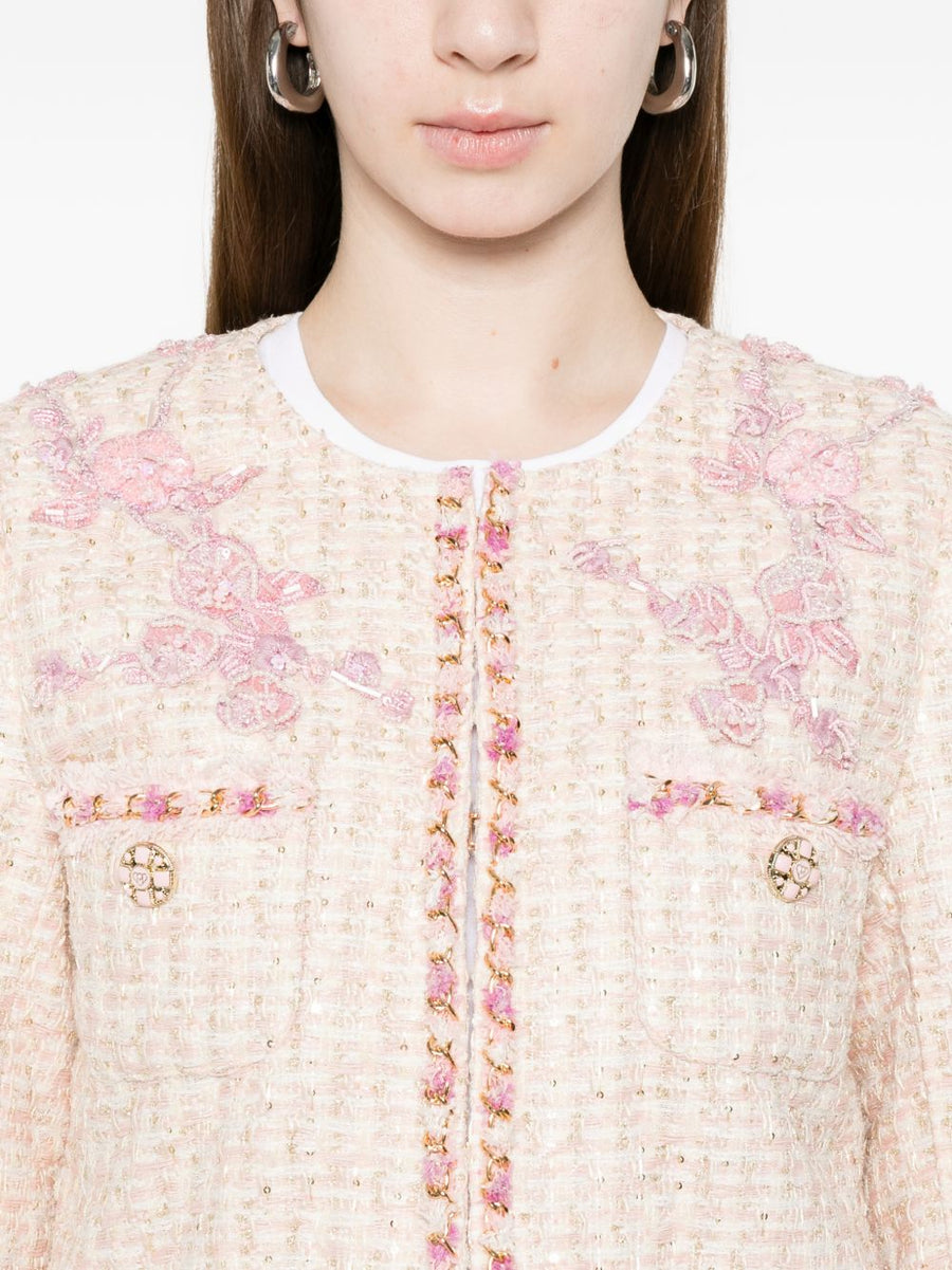 Minime Paris Cotton Blend Crewneck Jacket With Pink Floral Embroidery Front Pockets For Women Chic