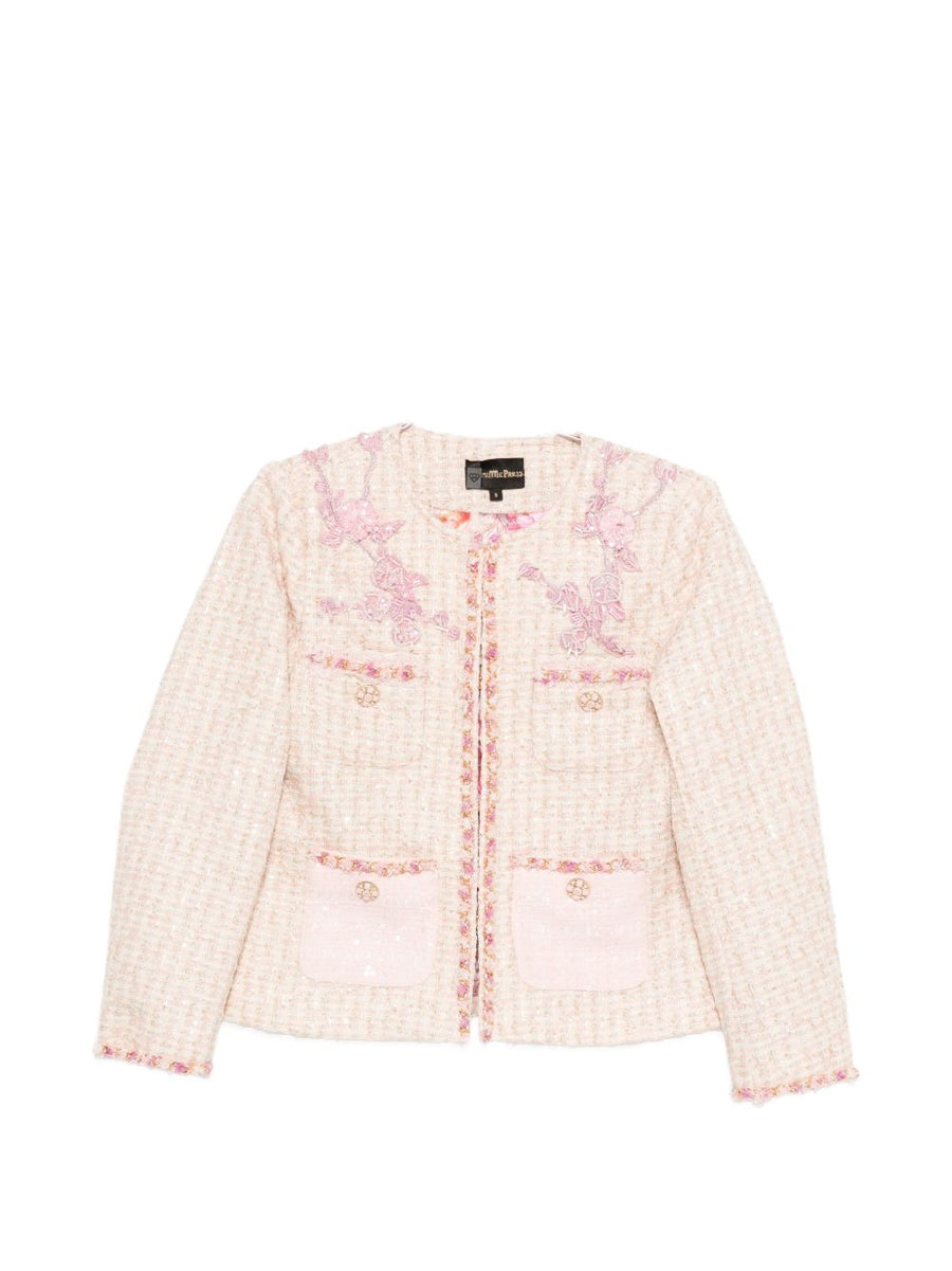 Minime Paris Cotton Blend Crewneck Jacket With Pink Floral Embroidery Front Pockets For Women Chic
