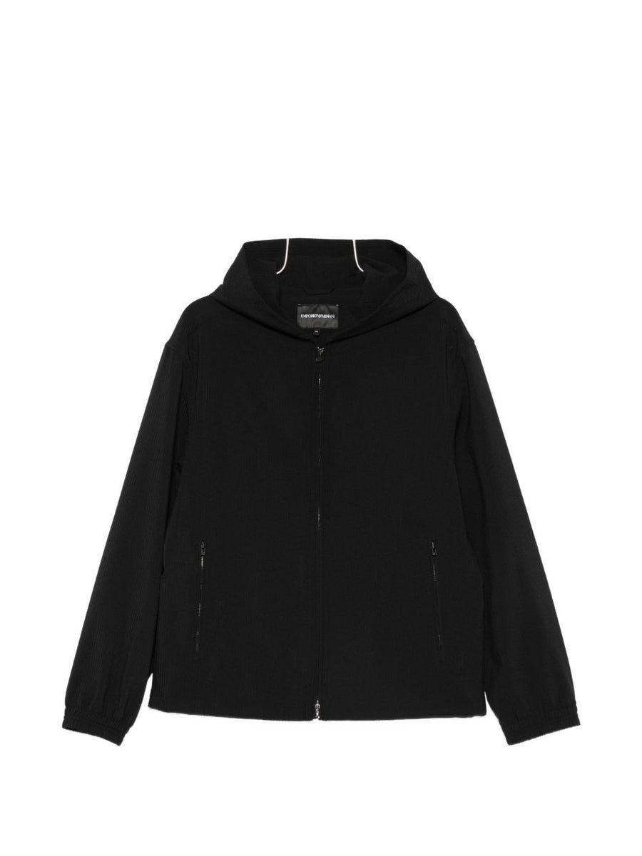 Emporio Armani Hooded Blouson Jacket For Men Sleek Black 100 Percent Polyester Zip Front Luxury Outerwear