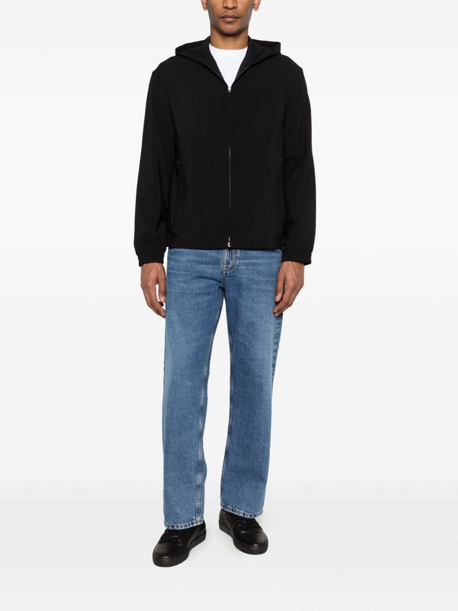 Emporio Armani Hooded Blouson Jacket For Men Sleek Black 100 Percent Polyester Zip Front Luxury Outerwear