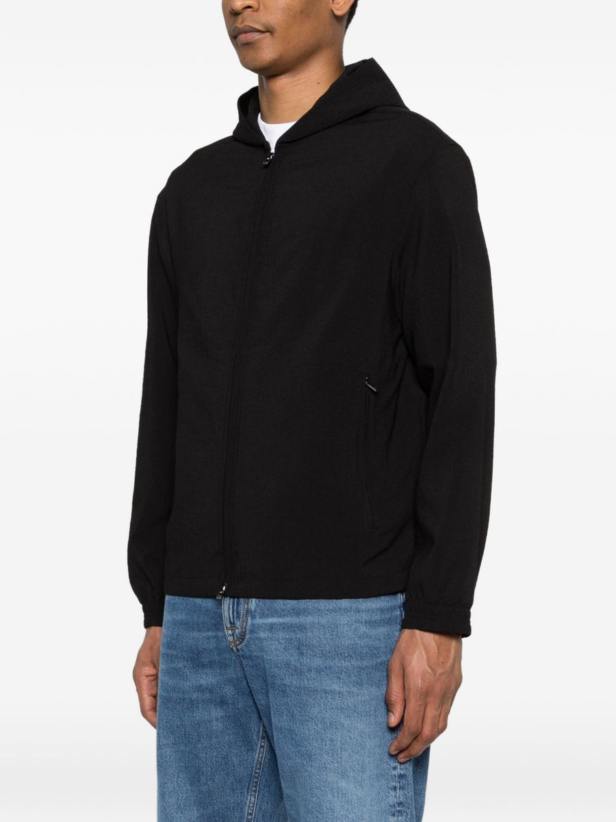Emporio Armani Hooded Blouson Jacket For Men Sleek Black 100 Percent Polyester Zip Front Luxury Outerwear