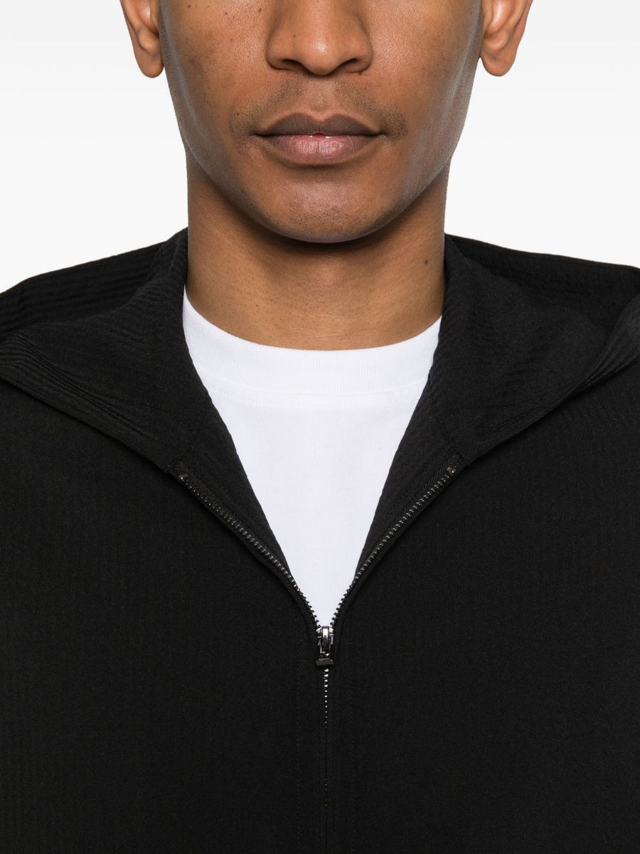 Emporio Armani Hooded Blouson Jacket For Men Sleek Black 100 Percent Polyester Zip Front Luxury Outerwear