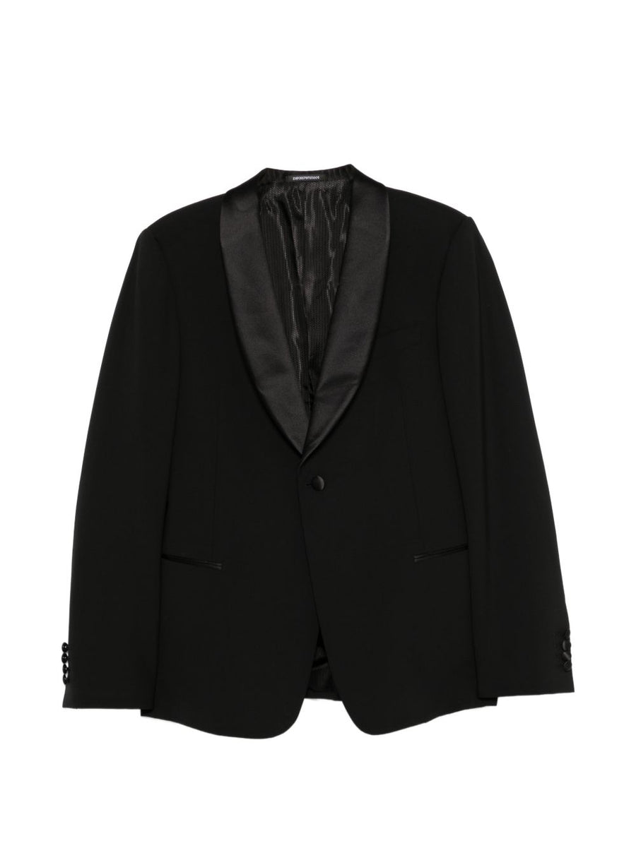 Emporio Armani Wool Tuxedo For Men, Black Stretch Virgin Wool With Elastane, Notched Lapels, Tailored Fit