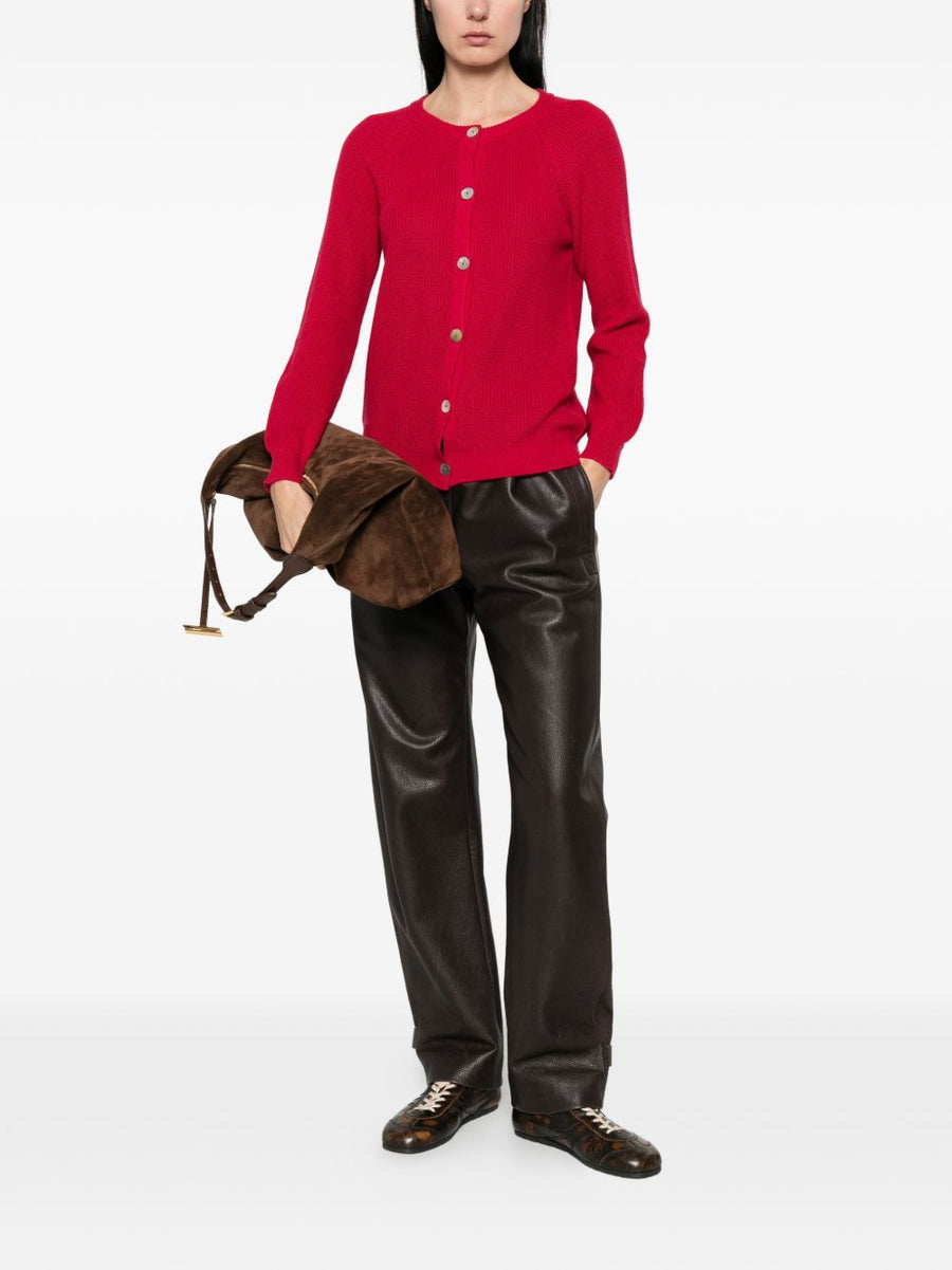 Luxurious Cotton Cashmere Cardigan for Women by Beyou in Bordeaux with Red Button Closure