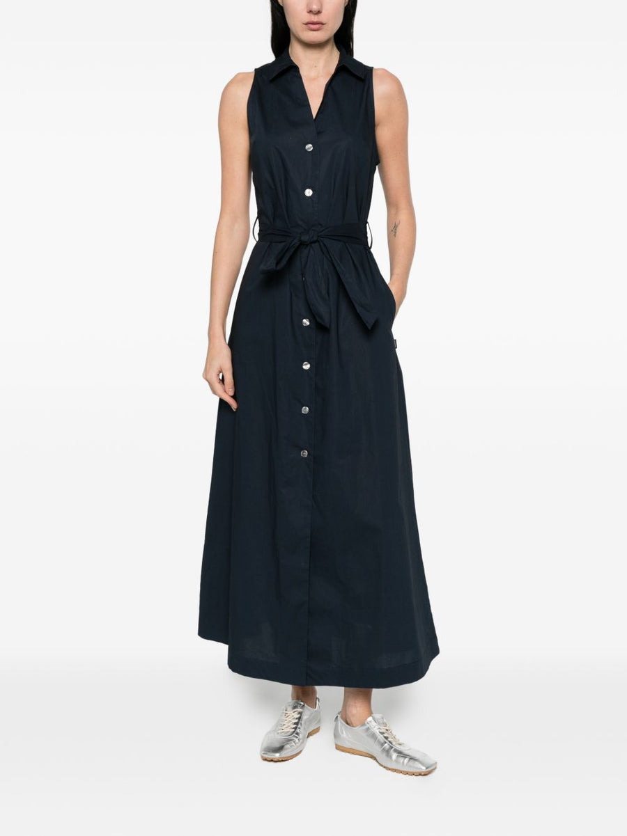 Woolrich Cotton Chemisier Dress Navy Belted Sleeveless Front Button Bow Detail for Women