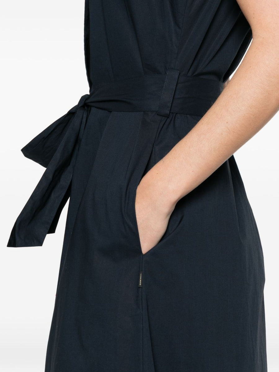 Woolrich Cotton Chemisier Dress Navy Belted Sleeveless Front Button Bow Detail for Women