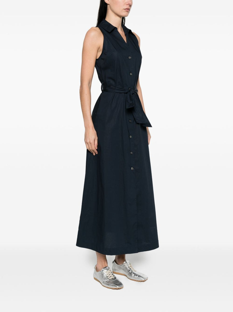 Woolrich Cotton Chemisier Dress Navy Belted Sleeveless Front Button Bow Detail for Women