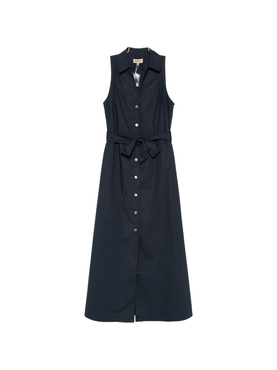 Woolrich Cotton Chemisier Dress Navy Belted Sleeveless Front Button Bow Detail for Women