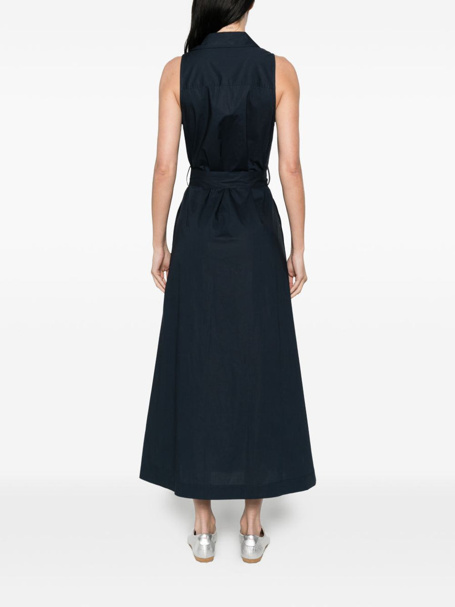 Woolrich Cotton Chemisier Dress Navy Belted Sleeveless Front Button Bow Detail for Women