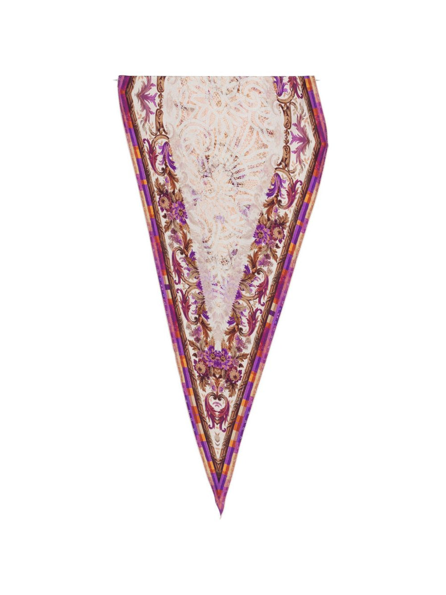 Pierre Louis Mascia Silk Scarf Beige And Purple Floral Print Geometric Accents One Size Dust Bag For Women