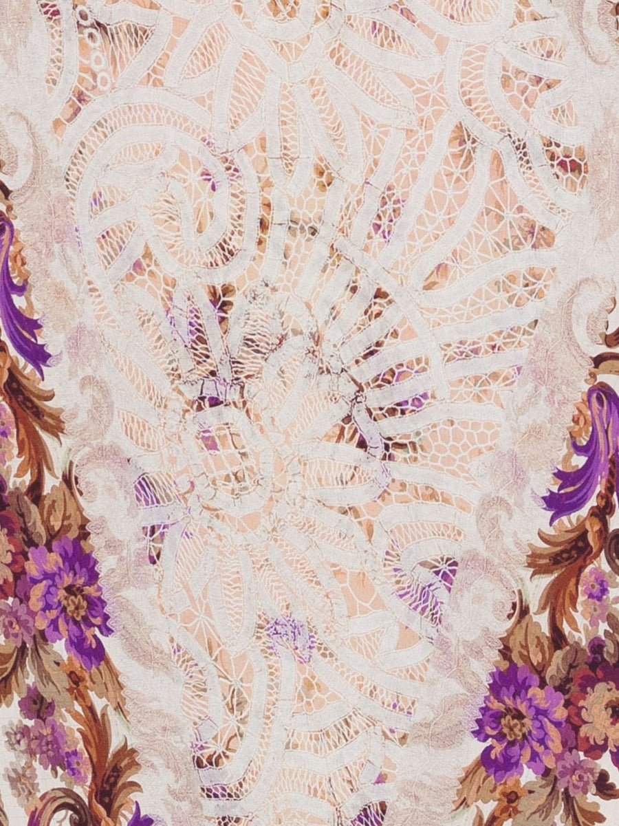 Pierre Louis Mascia Silk Scarf Beige And Purple Floral Print Geometric Accents One Size Dust Bag For Women