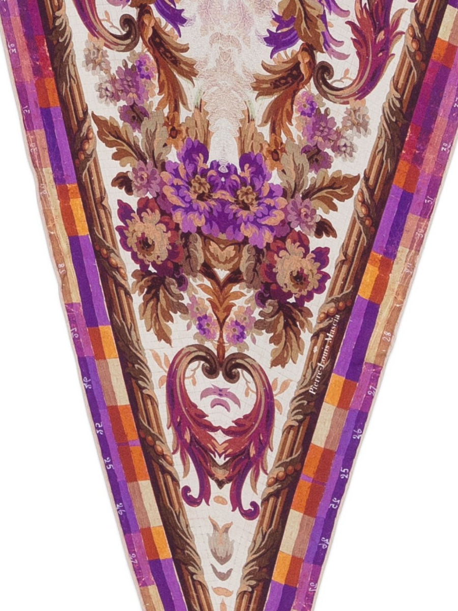 Pierre Louis Mascia Silk Scarf Beige And Purple Floral Print Geometric Accents One Size Dust Bag For Women