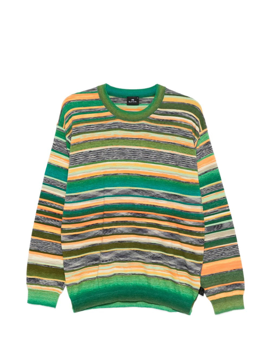 Paul Smith Striped Organic Cotton Sweater For Men In Green Premium Round Neck Ribbed Cuffs