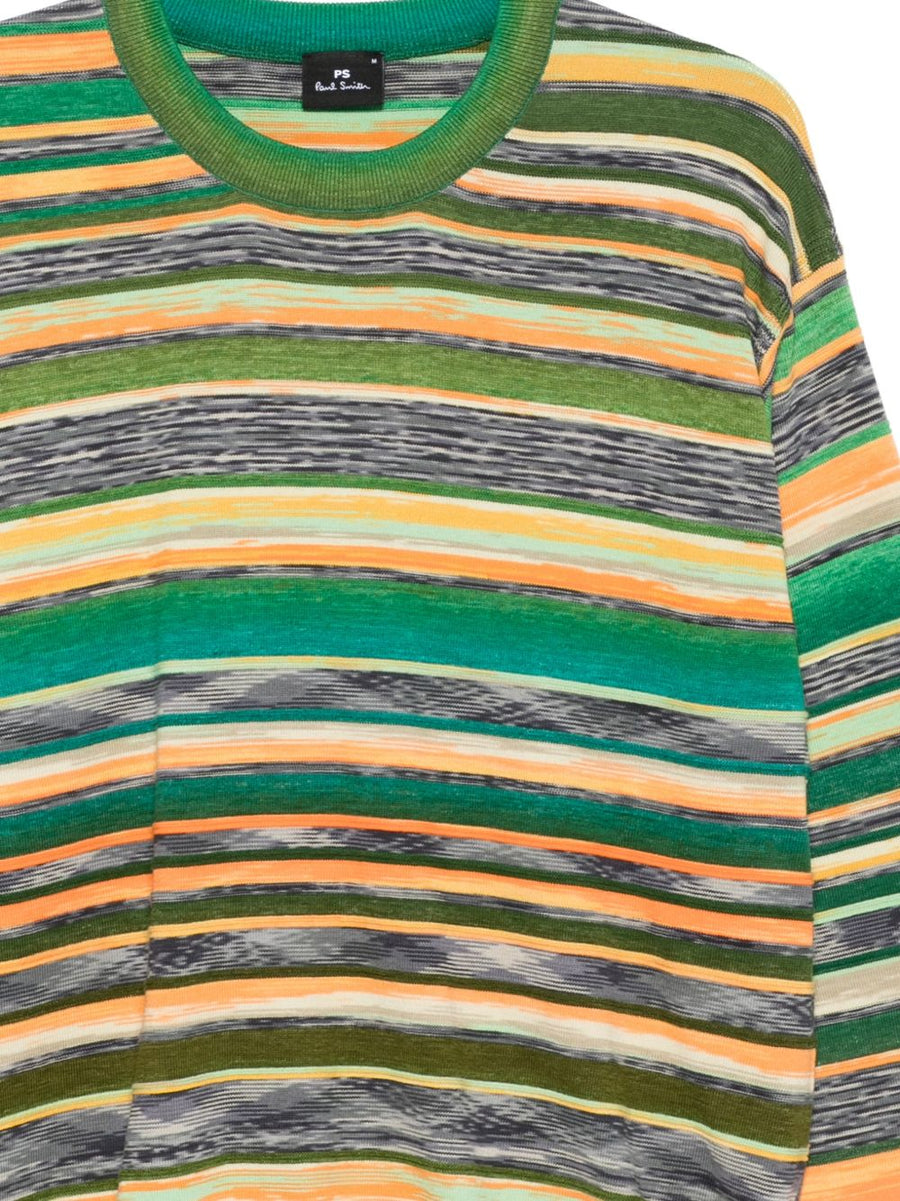 Paul Smith Striped Organic Cotton Sweater For Men In Green Premium Round Neck Ribbed Cuffs