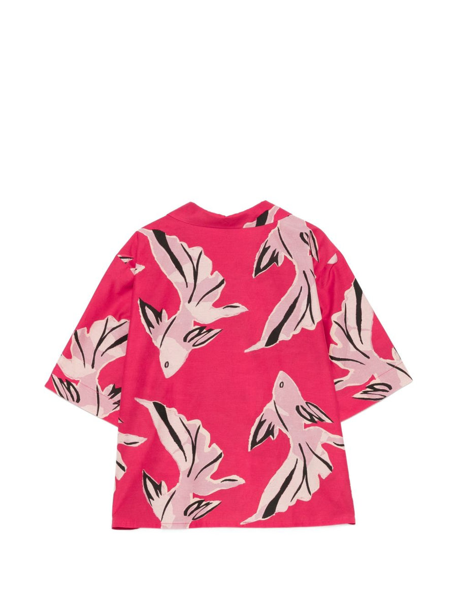 Paul Smith Printed Cotton Silk Blend Shirt For Women With Pink Fish Print Short Sleeves Designer Casual