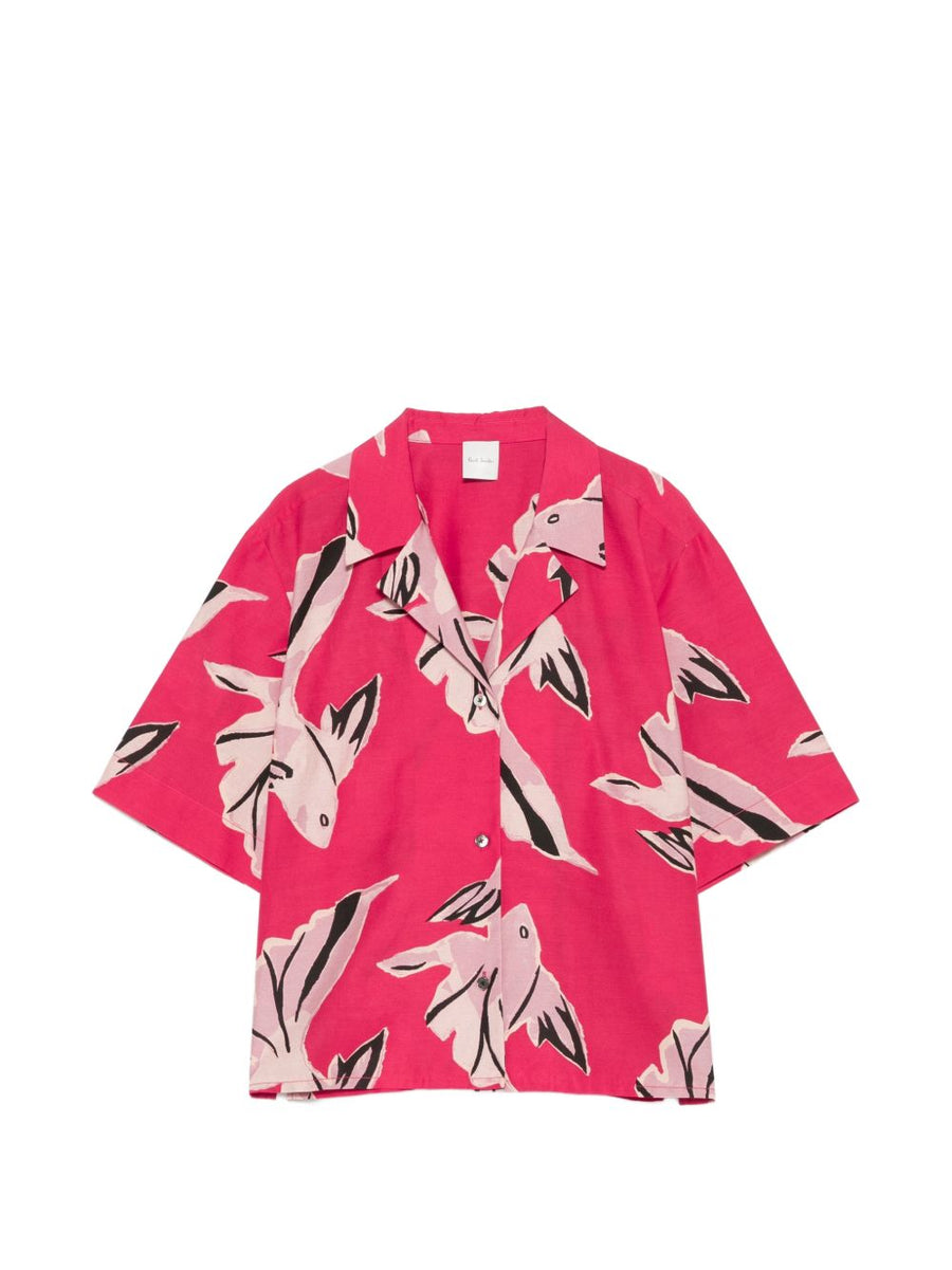 Paul Smith Printed Cotton Silk Blend Shirt For Women With Pink Fish Print Short Sleeves Designer Casual