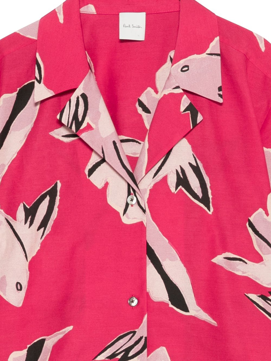 Paul Smith Printed Cotton Silk Blend Shirt For Women With Pink Fish Print Short Sleeves Designer Casual