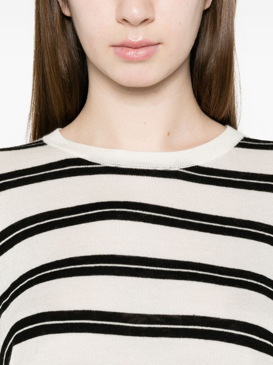 Soft Goat Cashmere Silk Blend Sweater For Women With White Black Stripe Roundneck Luxurious Versatile Topwear